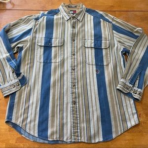 Vintage Tommy Hilfiger Blue Tan Stripe Button Up Shirt Size Medium Rustic
